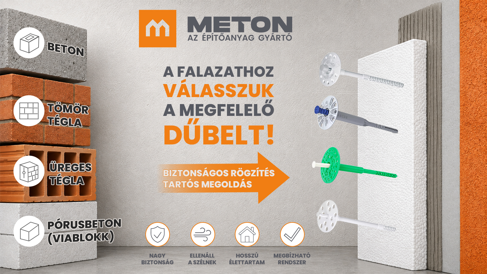 A falazathoz válasszuk a megfelelő dűbelt – beton, tömör tégla, üreges tégla és pórusbeton